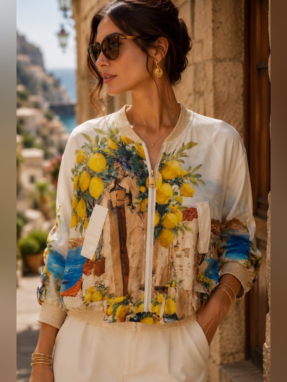 Made In Italy Viscose Zipper Jacket Santorini Lemon Print